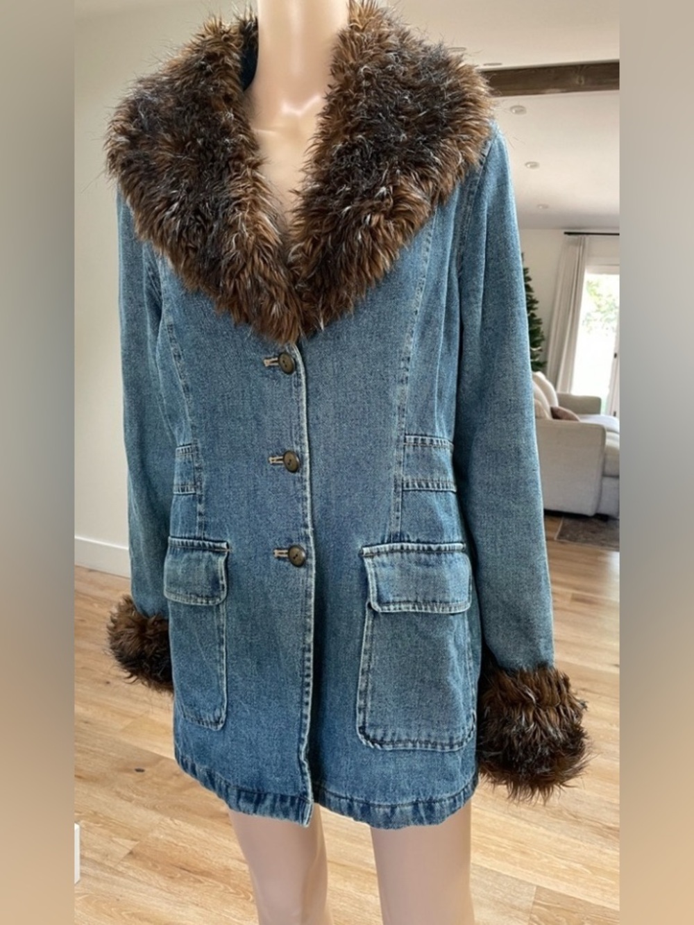 Vtg GIACCA Penny Lane Y2K Faux Fur Denim Coat Jacket Old Money Mobwife XL - Picture 7 of 7